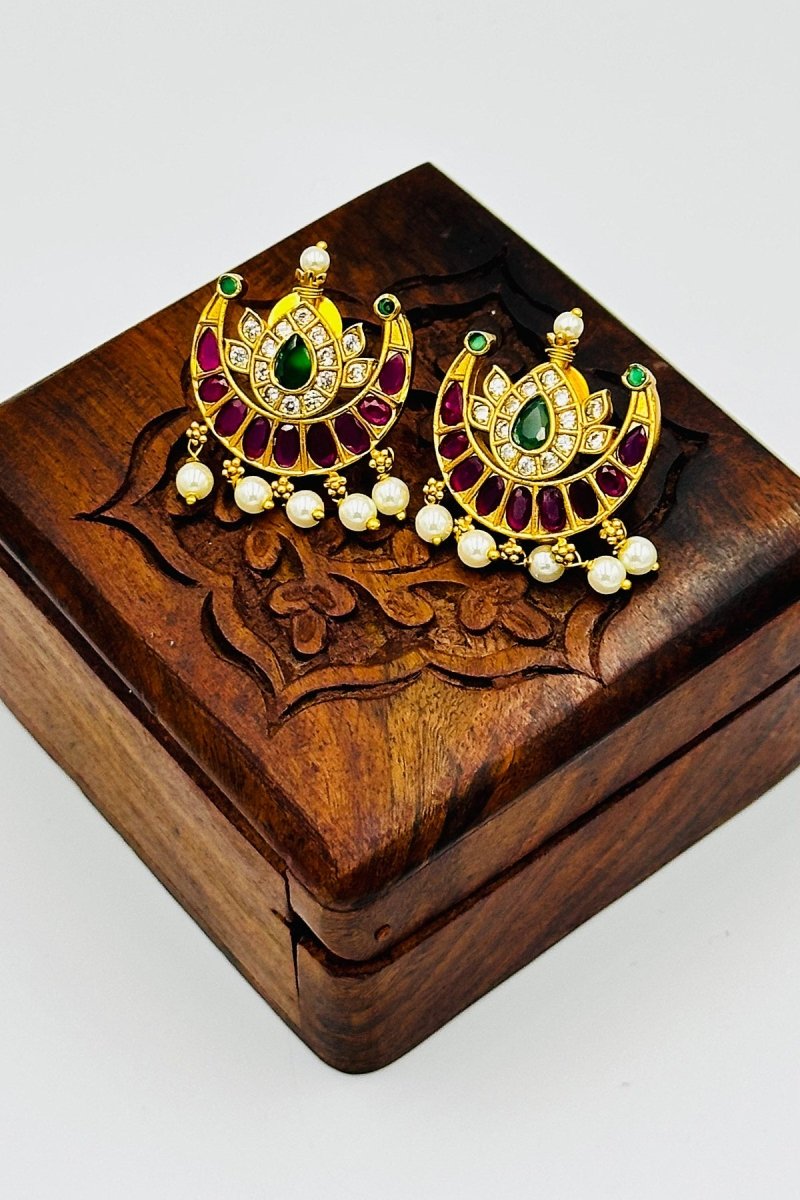 Graceful Chandbali Earrings with Green and Purple Accents and Pearl Drops - swadeshsouq.com