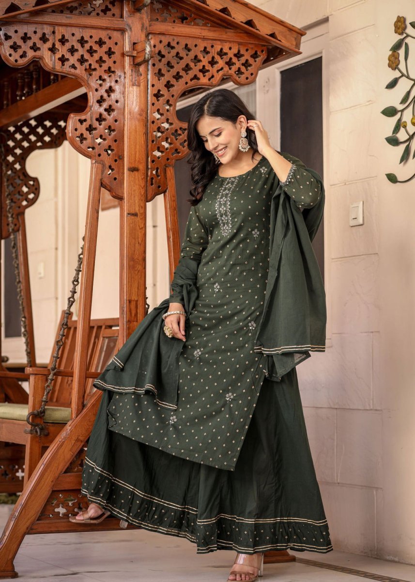 Graceful Green Gold Printed Cotton Kurta Sharara Set - swadeshsouq.com