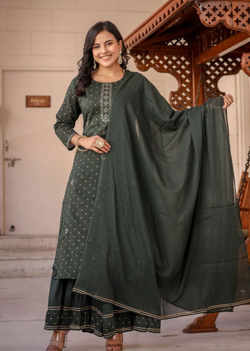 Graceful Green Gold Printed Cotton Kurta Sharara Set - swadeshsouq.com