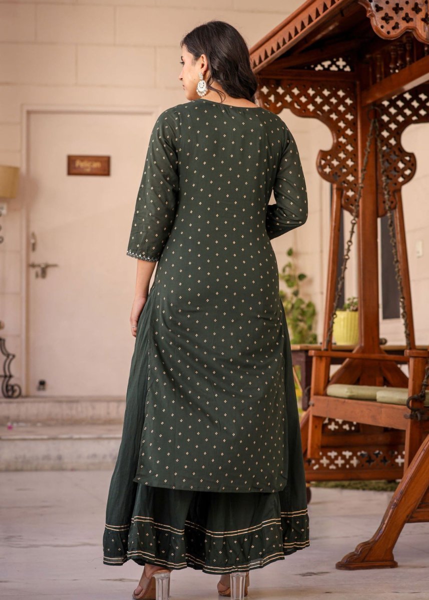 Graceful Green Gold Printed Cotton Kurta Sharara Set - swadeshsouq.com