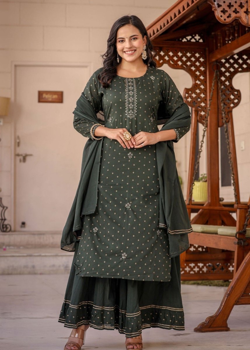 Graceful Green Gold Printed Cotton Kurta Sharara Set - swadeshsouq.com