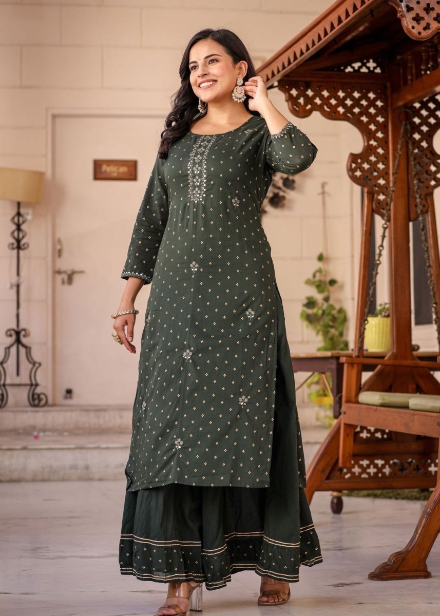 Graceful Green Gold Printed Cotton Kurta Sharara Set - swadeshsouq.com