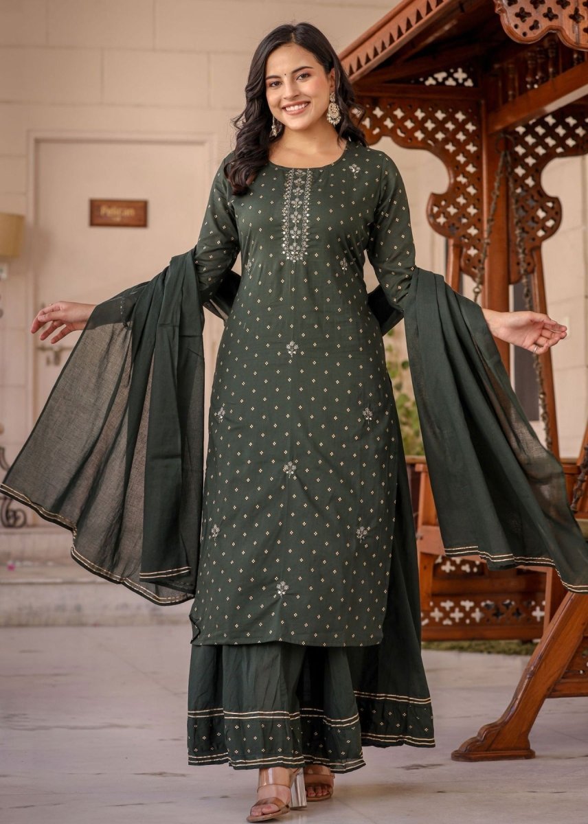 Graceful Green Gold Printed Cotton Kurta Sharara Set - swadeshsouq.com