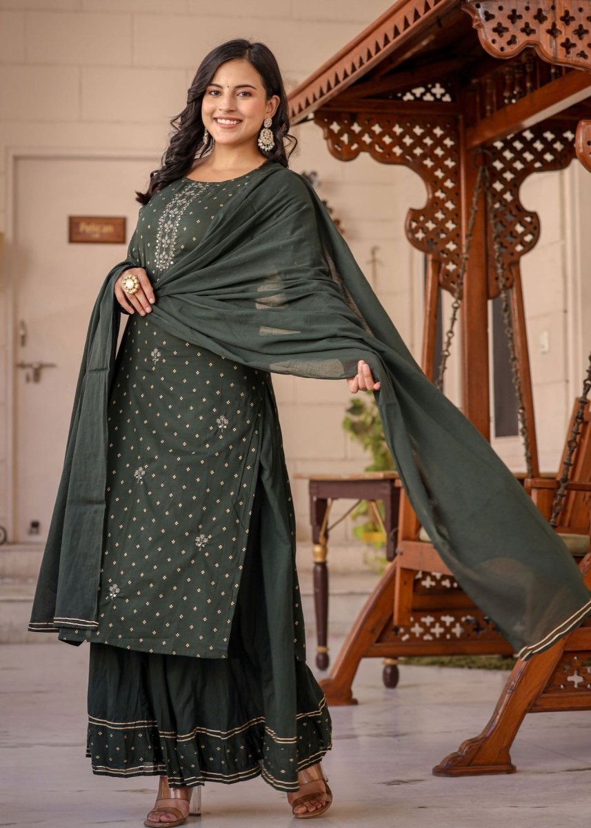 Graceful Green Gold Printed Cotton Kurta Sharara Set - swadeshsouq.com