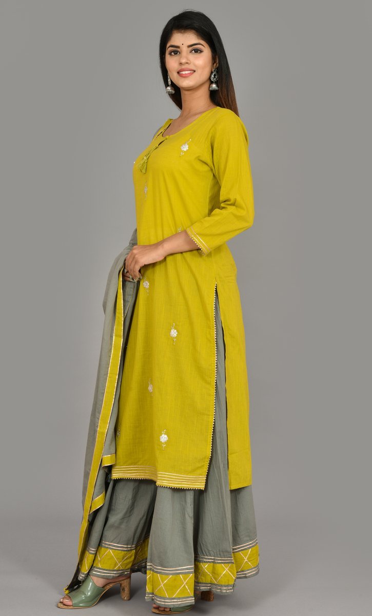 Graceful Green Grey Embroidered Kurta Sharara Set with Dupatta (Pack of 3) - swadeshsouq.com