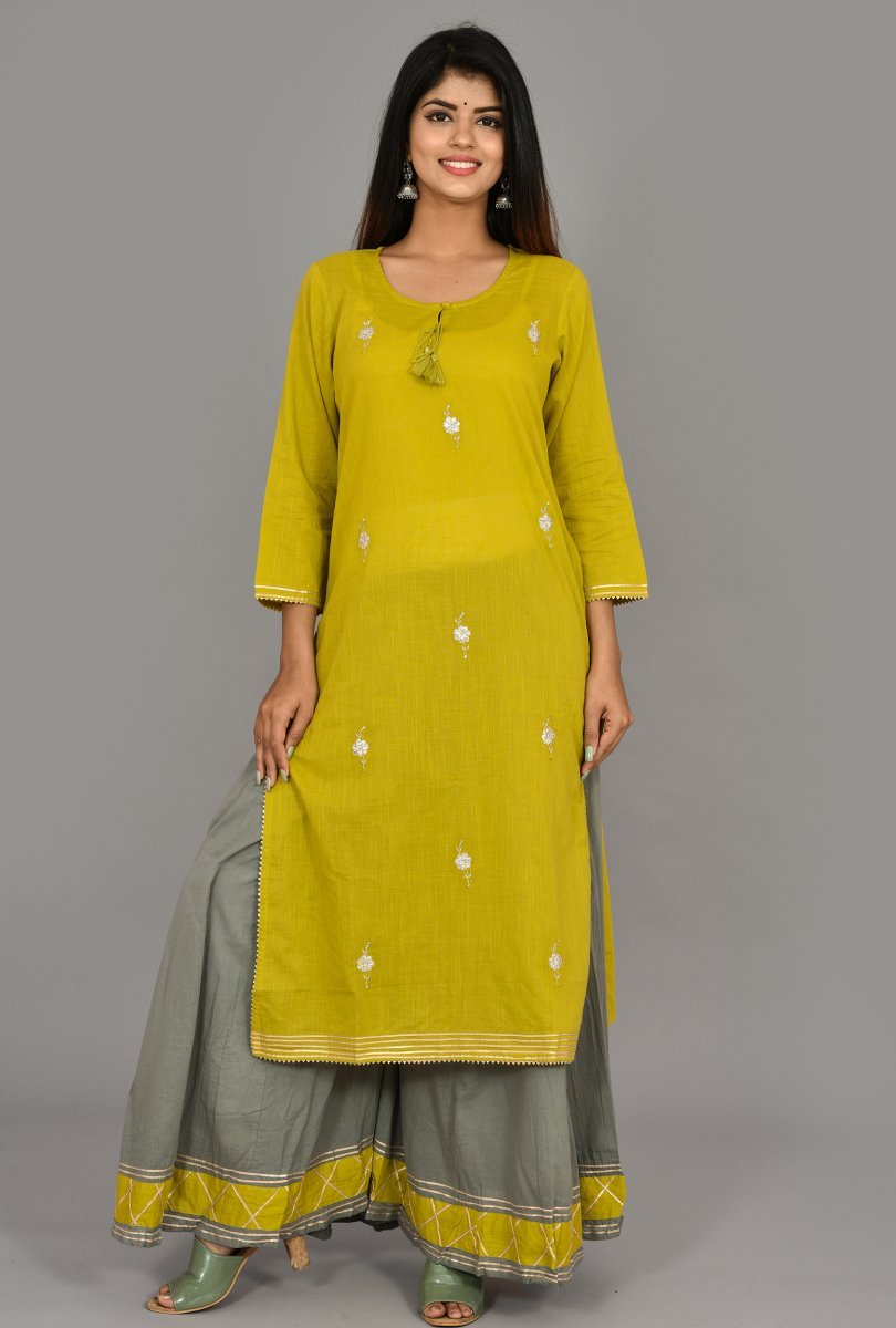 Graceful Green Grey Embroidered Kurta Sharara Set with Dupatta (Pack of 3) - swadeshsouq.com