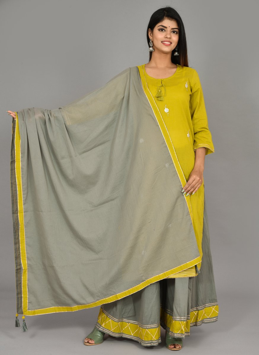 Graceful Green Grey Embroidered Kurta Sharara Set with Dupatta (Pack of 3) - swadeshsouq.com