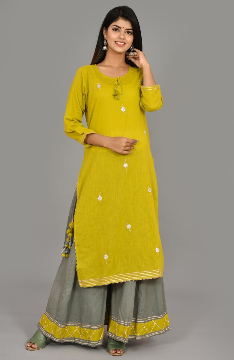 Graceful Green Grey Embroidered Kurta Sharara Set with Dupatta (Pack of 3) - swadeshsouq.com