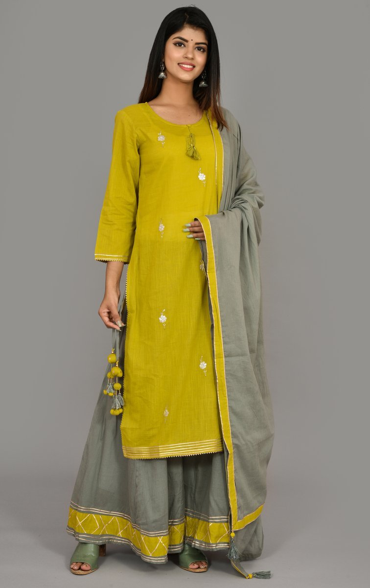 Graceful Green Grey Embroidered Kurta Sharara Set with Dupatta (Pack of 3) - swadeshsouq.com