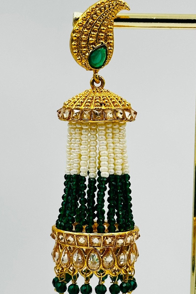 Graceful Green & White Beaded Jhumkas with Gold and Emerald Accents - swadeshsouq.com