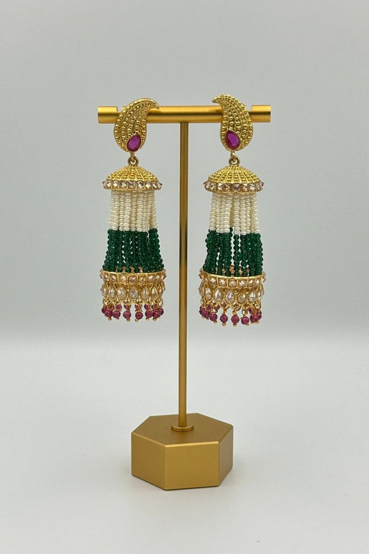 Graceful Green & White Beaded Jhumkas with Gold and Emerald Accents - swadeshsouq.com