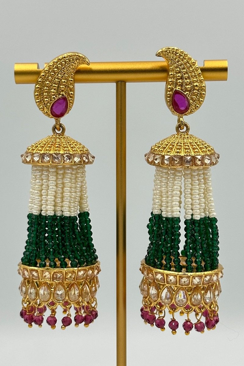 Graceful Green & White Beaded Jhumkas with Gold and Emerald Accents - swadeshsouq.com