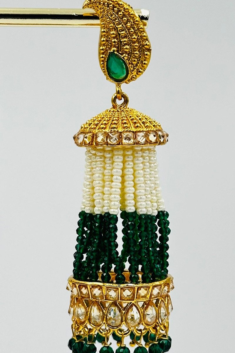 Graceful Green & White Beaded Jhumkas with Gold and Emerald Accents - swadeshsouq.com