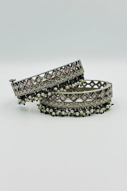 Graceful Silver Bangles with Pastel Pink Crystal Stones and Pearls - swadeshsouq.com