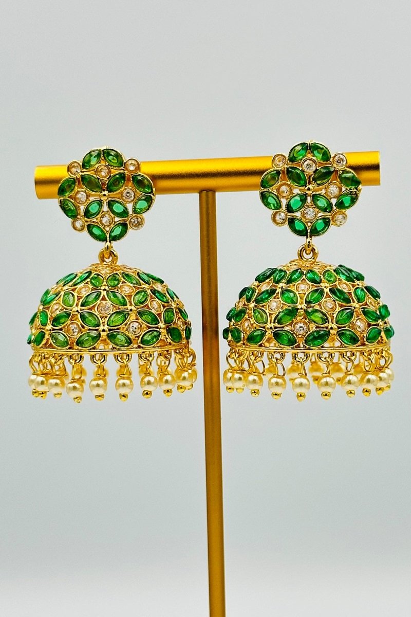 Grand Green Stone Jhumkas with Pearl Dangling Finish - swadeshsouq.com