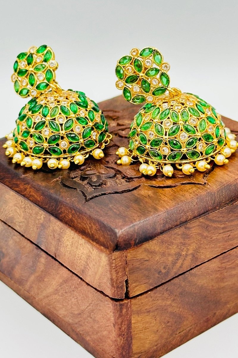 Grand Green Stone Jhumkas with Pearl Dangling Finish - swadeshsouq.com