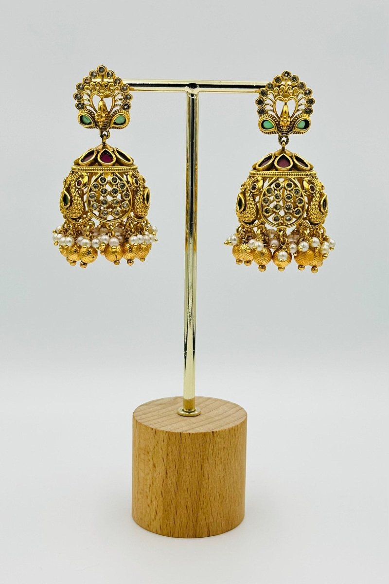 Grand Peacock Design Jhumka Earrings with Gold Detailing and Pearl Drops - swadeshsouq.com