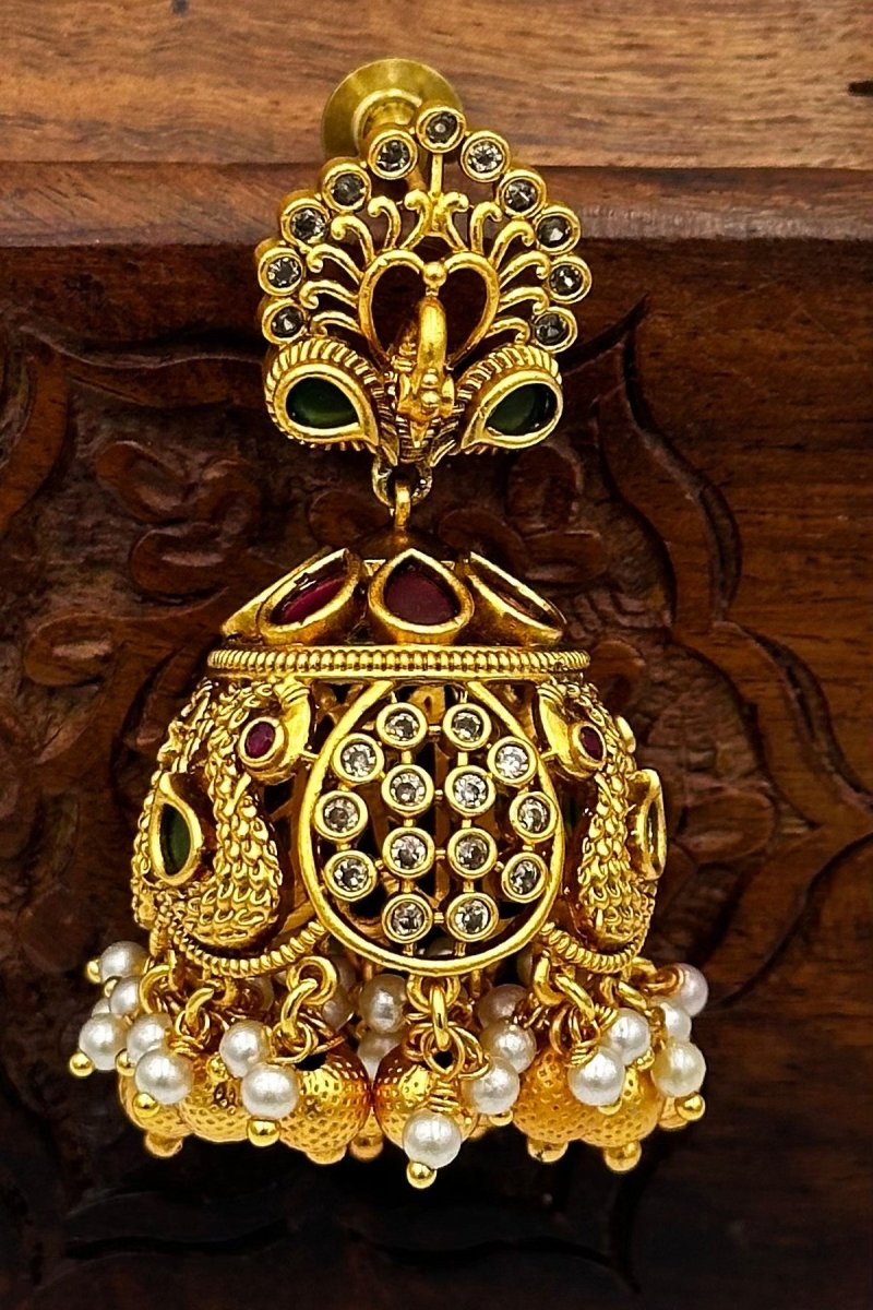 Grand Peacock Design Jhumka Earrings with Gold Detailing and Pearl Drops - swadeshsouq.com