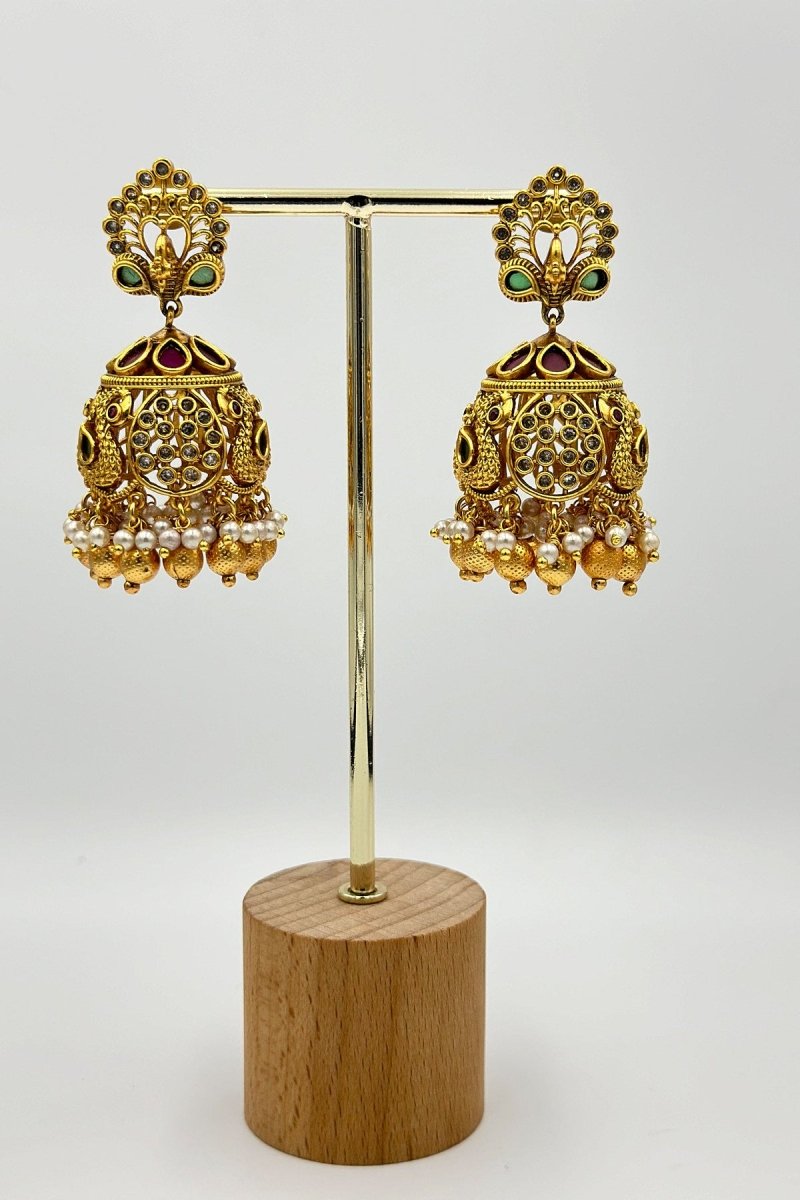 Grand Peacock Design Jhumka Earrings with Gold Detailing and Pearl Drops - swadeshsouq.com