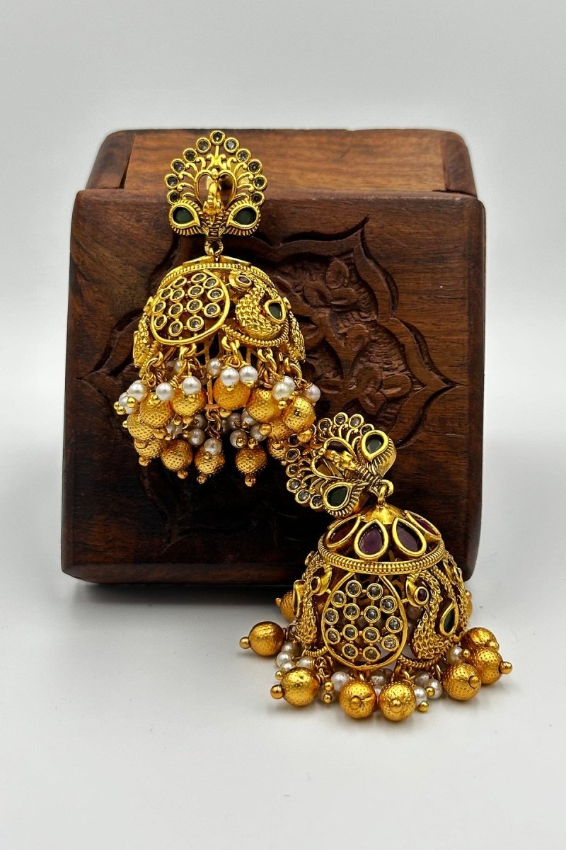 Grand Peacock Design Jhumka Earrings with Gold Detailing and Pearl Drops - swadeshsouq.com