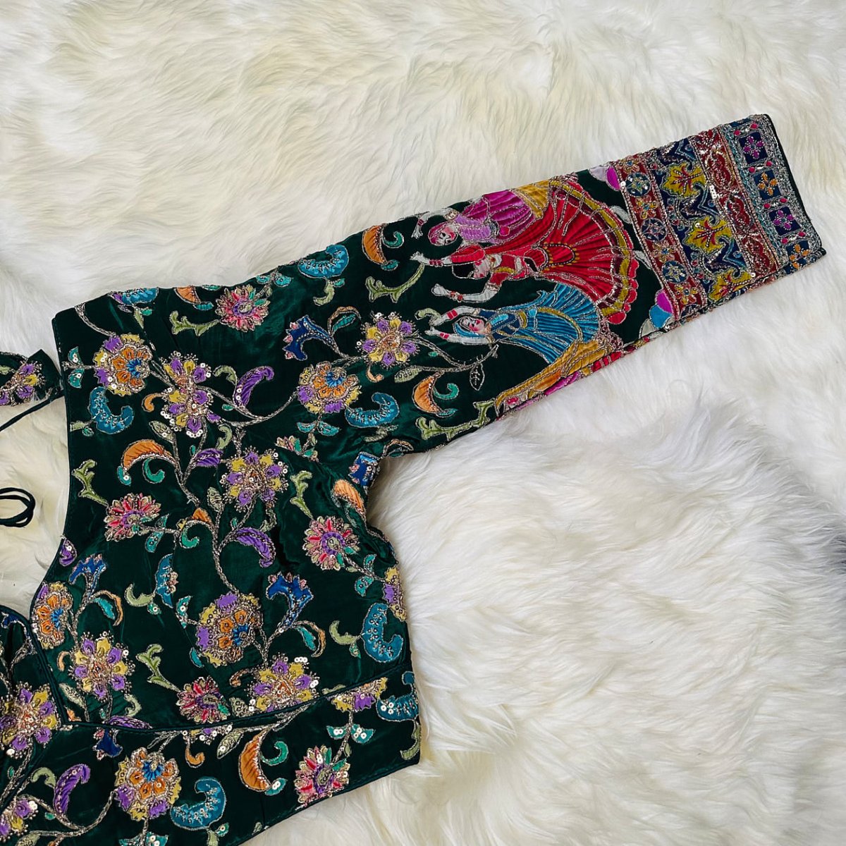 Green Crepe Designer Blouse with Appliqué Work, Full Embroidered Sleeves & Sequins Detailing (Size 32–40) - swadeshsouq.com