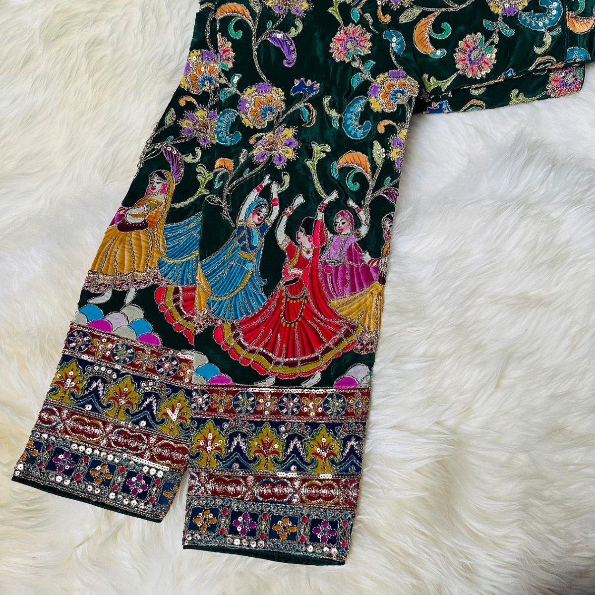 Green Crepe Designer Blouse with Appliqué Work, Full Embroidered Sleeves & Sequins Detailing (Size 32–40) - swadeshsouq.com