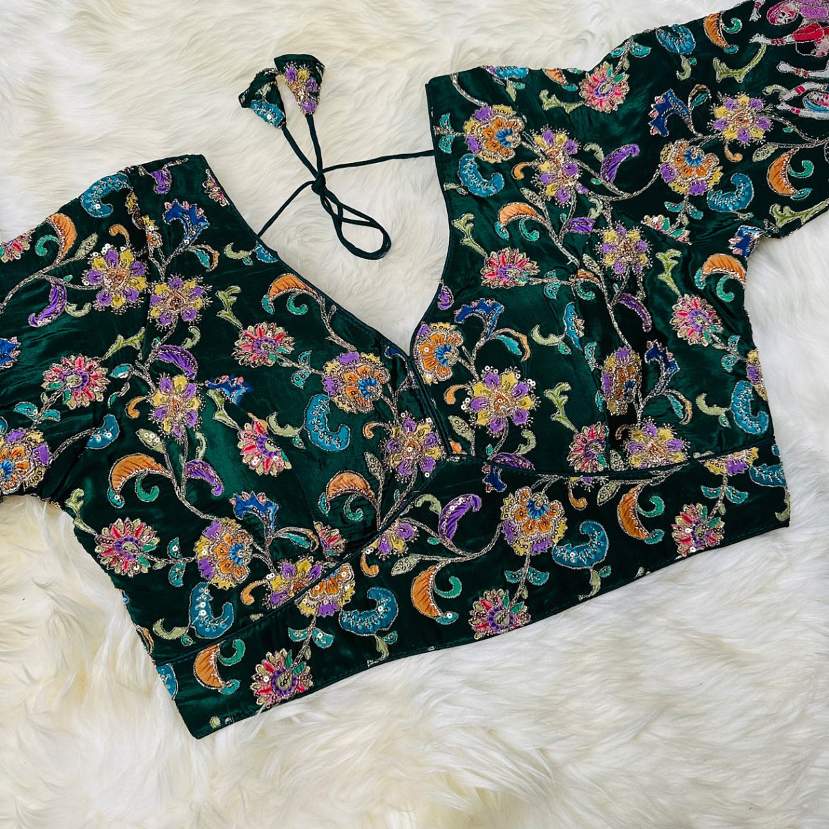 Green Crepe Designer Blouse with Appliqué Work, Full Embroidered Sleeves & Sequins Detailing (Size 32–40) - swadeshsouq.com