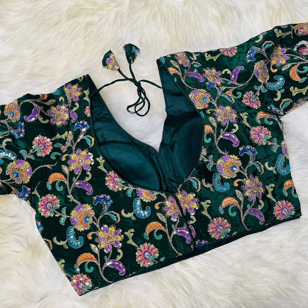 Green Crepe Designer Blouse with Appliqué Work, Full Embroidered Sleeves & Sequins Detailing (Size 32–40) - swadeshsouq.com