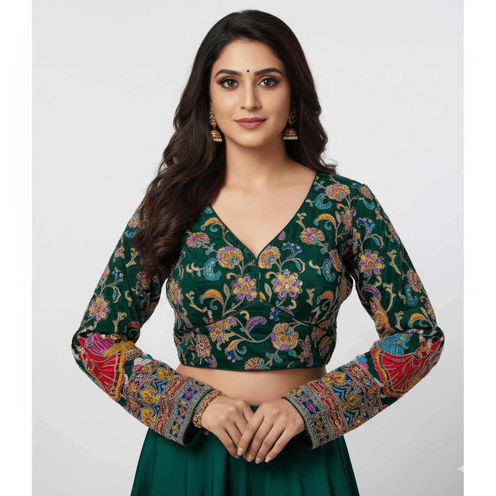 Green Crepe Designer Blouse with Appliqué Work, Full Embroidered Sleeves & Sequins Detailing (Size 32–40) - swadeshsouq.com