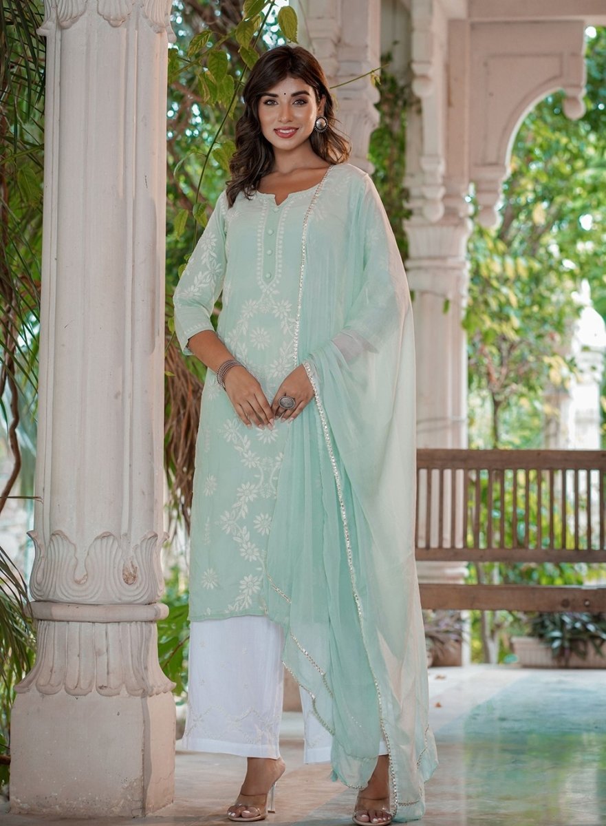 Green Lucknowi Chikankari Suit Set - swadeshsouq.com