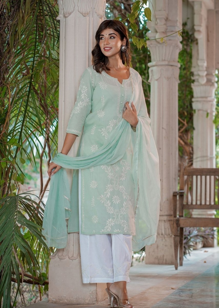 Green Lucknowi Chikankari Suit Set - swadeshsouq.com