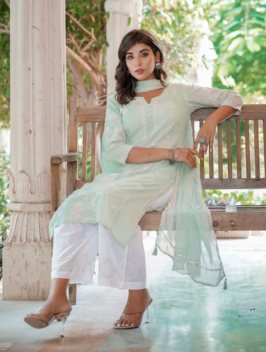 Green Lucknowi Chikankari Suit Set - swadeshsouq.com