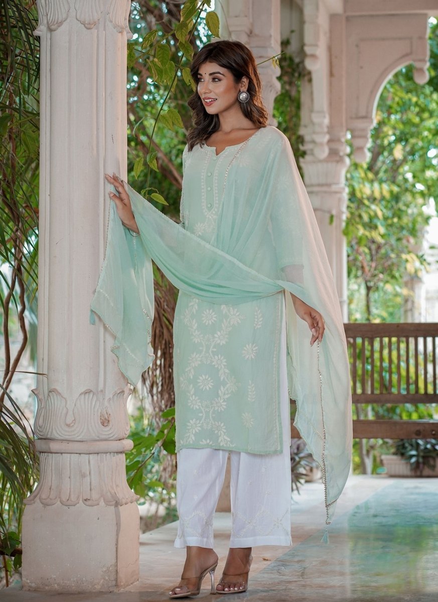 Green Lucknowi Chikankari Suit Set - swadeshsouq.com