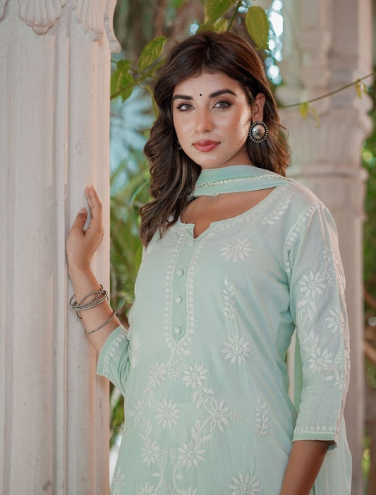 Green Lucknowi Chikankari Suit Set - swadeshsouq.com