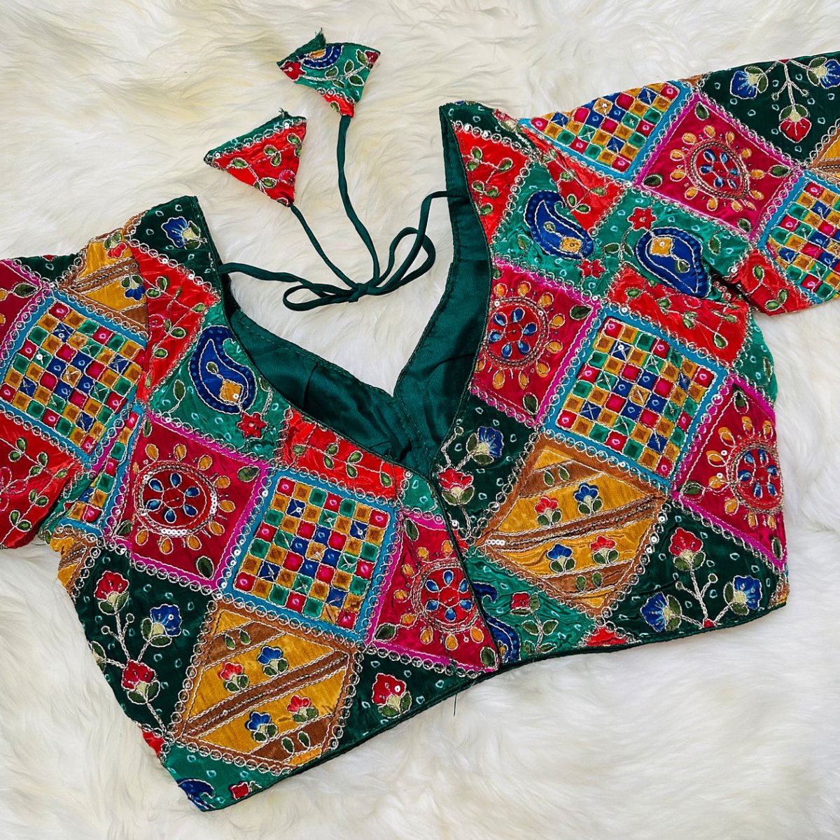 Green Pure Crepe Blouse with Multi - Coloured Appliqué Detailing & Mid - Length Sleeves (Size 32–40) - swadeshsouq.com