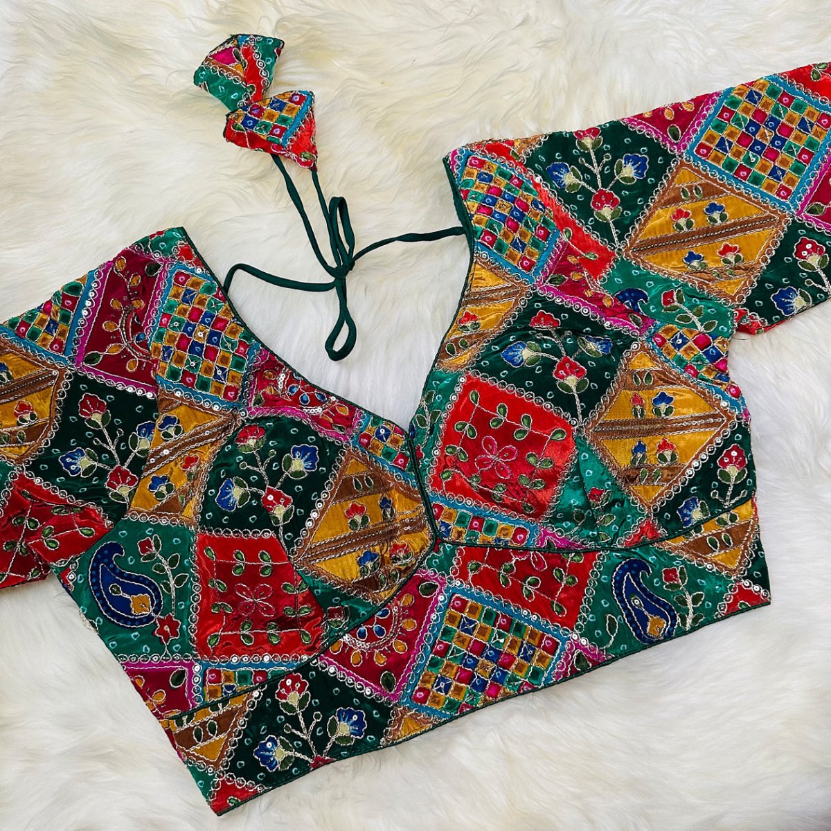 Green Pure Crepe Blouse with Multi - Coloured Appliqué Detailing & Mid - Length Sleeves (Size 32–40) - swadeshsouq.com