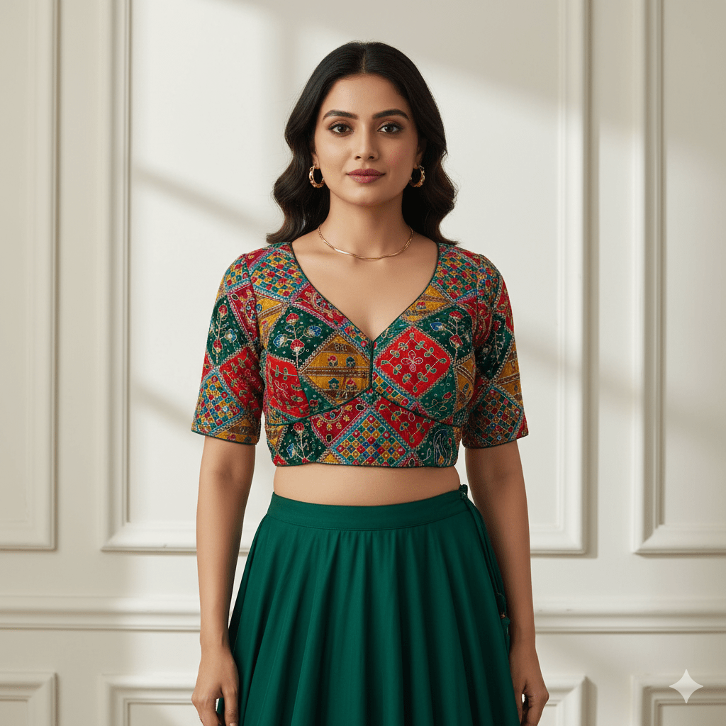Green Pure Crepe Blouse with Multi - Coloured Appliqué Detailing & Mid - Length Sleeves (Size 32–40) - swadeshsouq.com