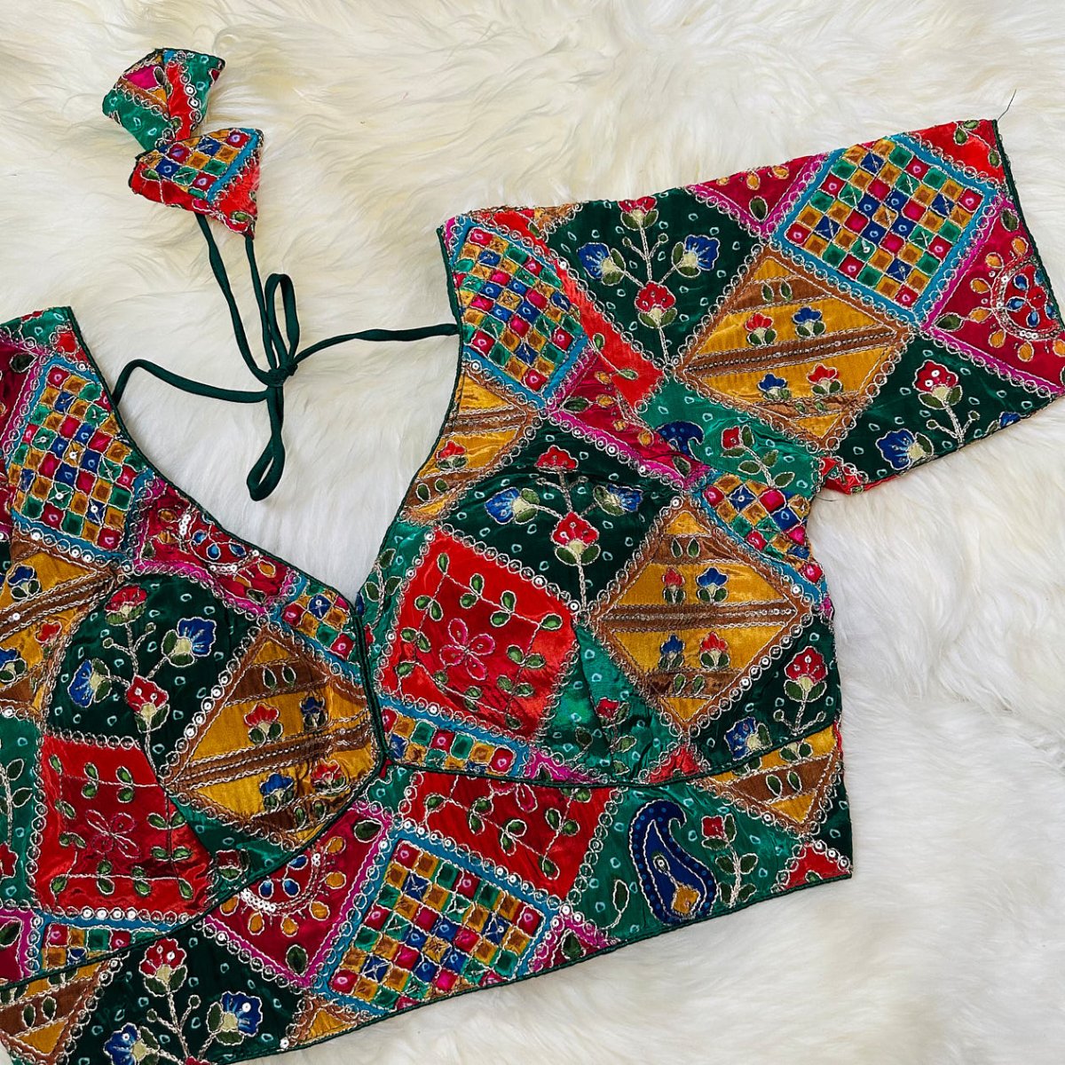 Green Pure Crepe Blouse with Multi - Coloured Appliqué Detailing & Mid - Length Sleeves (Size 32–40) - swadeshsouq.com