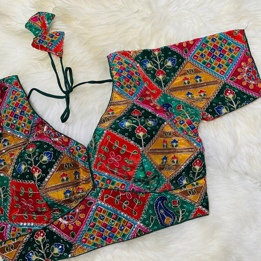 Green Pure Crepe Blouse with Multi - Coloured Appliqué Detailing & Mid - Length Sleeves (Size 32–40) - swadeshsouq.com