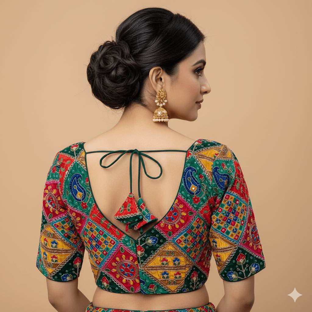 Green Pure Crepe Blouse with Multi - Coloured Appliqué Detailing & Mid - Length Sleeves (Size 32–40) - swadeshsouq.com