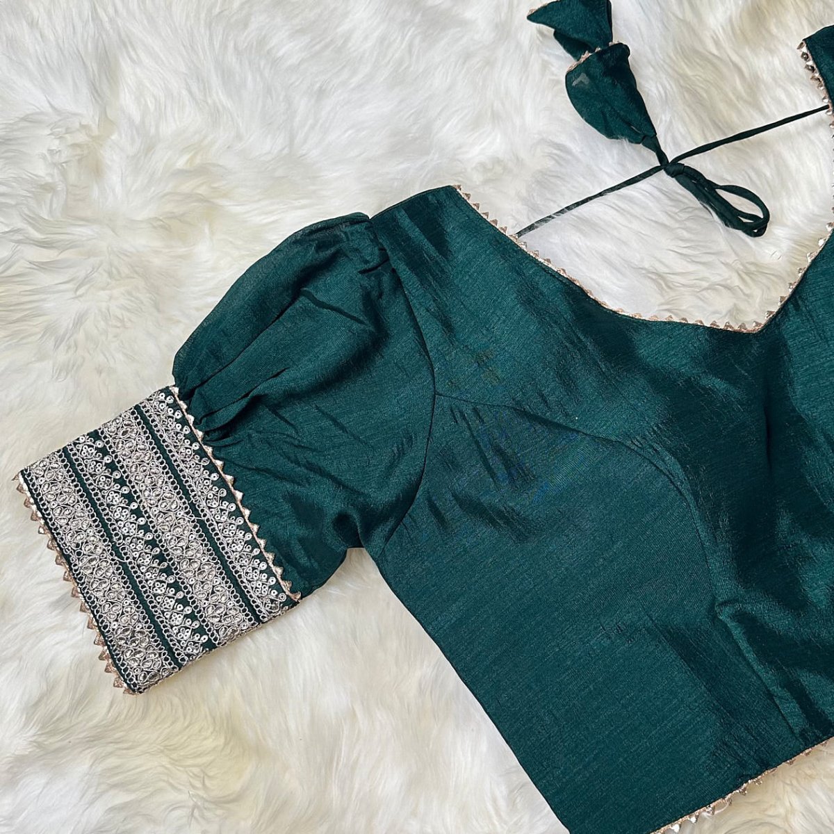 Green Silk Blouse with Elegant Puff Sleeves - swadeshsouq.com