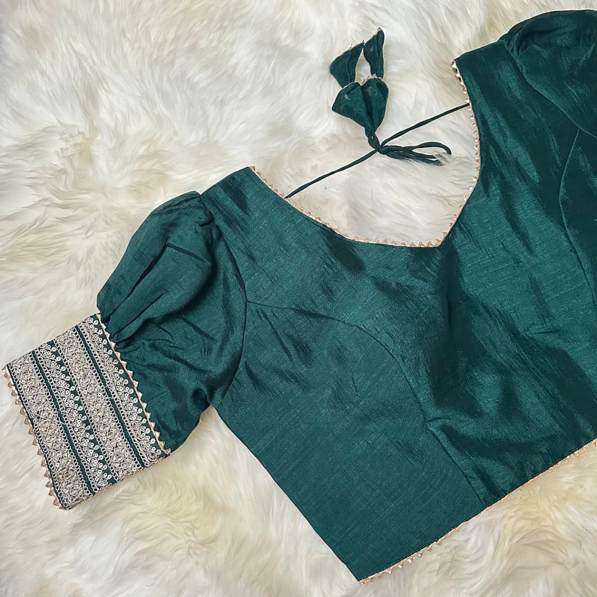 Green Silk Blouse with Elegant Puff Sleeves - swadeshsouq.com