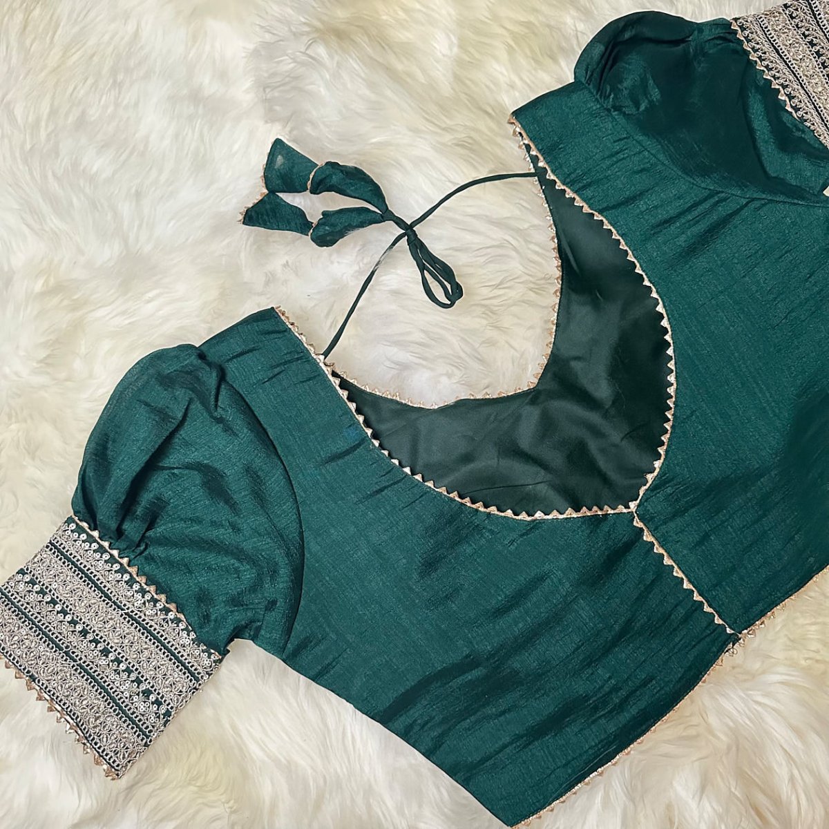 Green Silk Blouse with Elegant Puff Sleeves - swadeshsouq.com