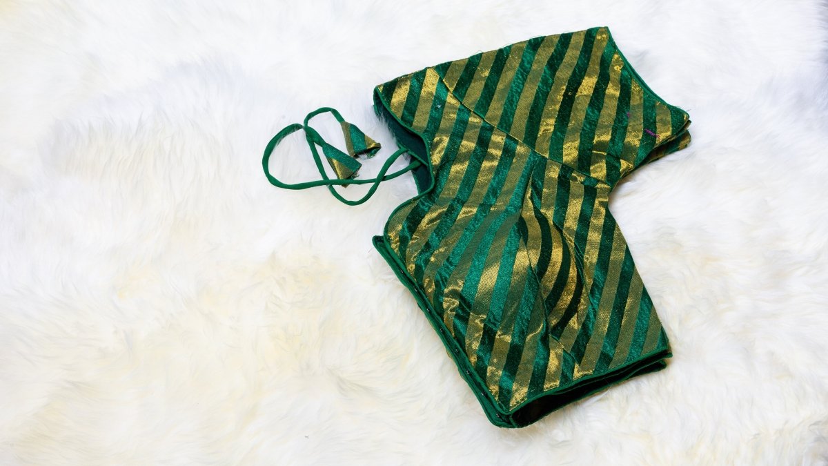 Green Silk Blouse with Golden Stripes | Free Size (Fits 32–40) - swadeshsouq.com