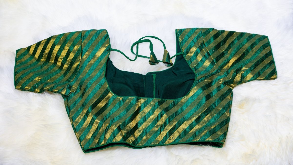 Green Silk Blouse with Golden Stripes | Free Size (Fits 32–40) - swadeshsouq.com