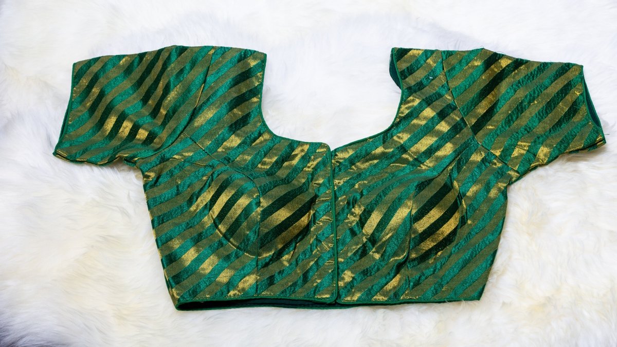 Green Silk Blouse with Golden Stripes | Free Size (Fits 32–40) - swadeshsouq.com