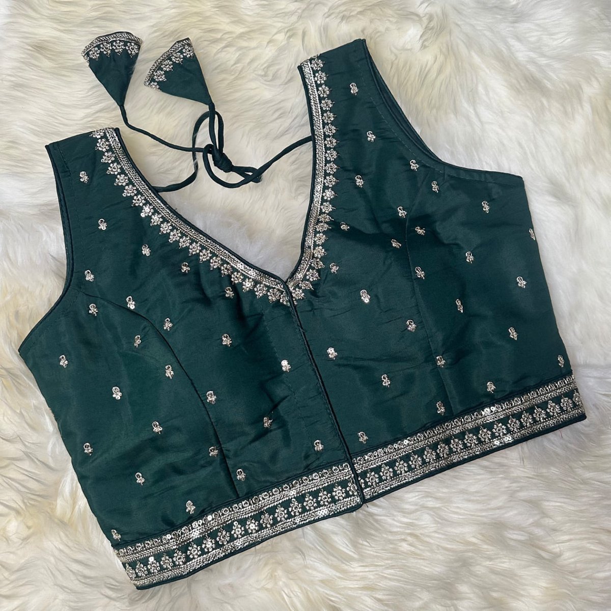 Green Silk Blouse with Intricate Neck & Waist Embroidery and Elegant Back Design (Size 32–40) - swadeshsouq.com