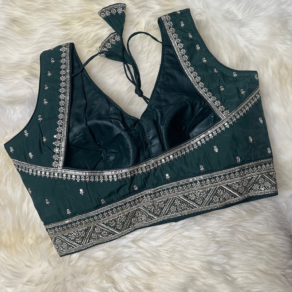Green Silk Blouse with Intricate Neck & Waist Embroidery and Elegant Back Design (Size 32–40) - swadeshsouq.com