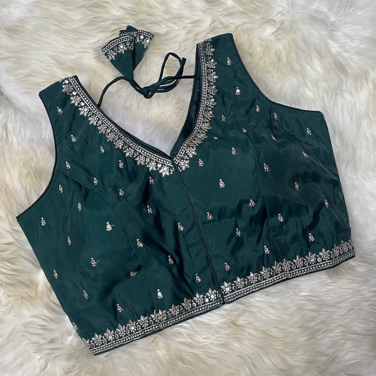 Green Silk Blouse with Sequins Embellishments, Triangle Back Neck & Waist Detailing (Size 32–40) - swadeshsouq.com