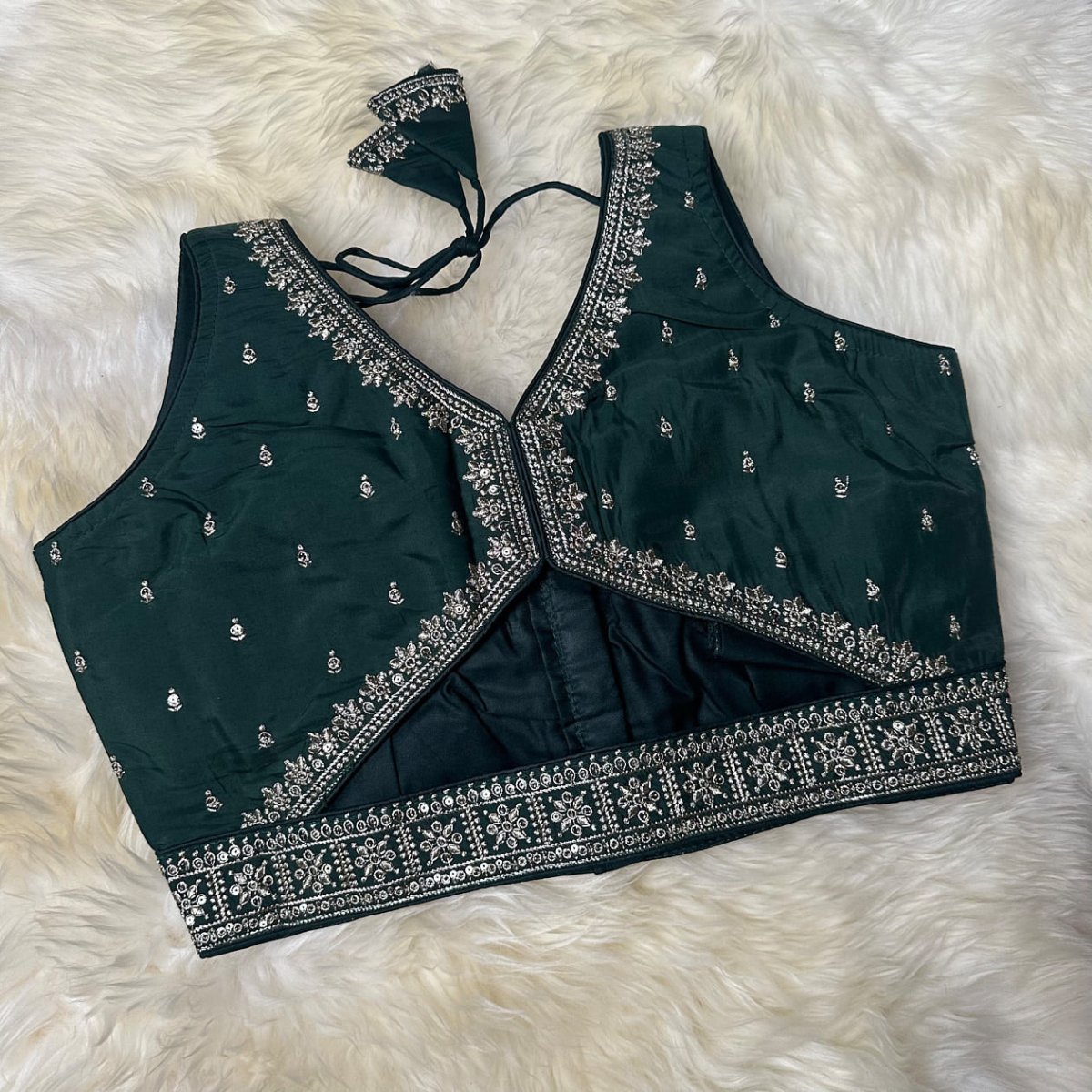 Green Silk Blouse with Sequins Embellishments, Triangle Back Neck & Waist Detailing (Size 32–40) - swadeshsouq.com